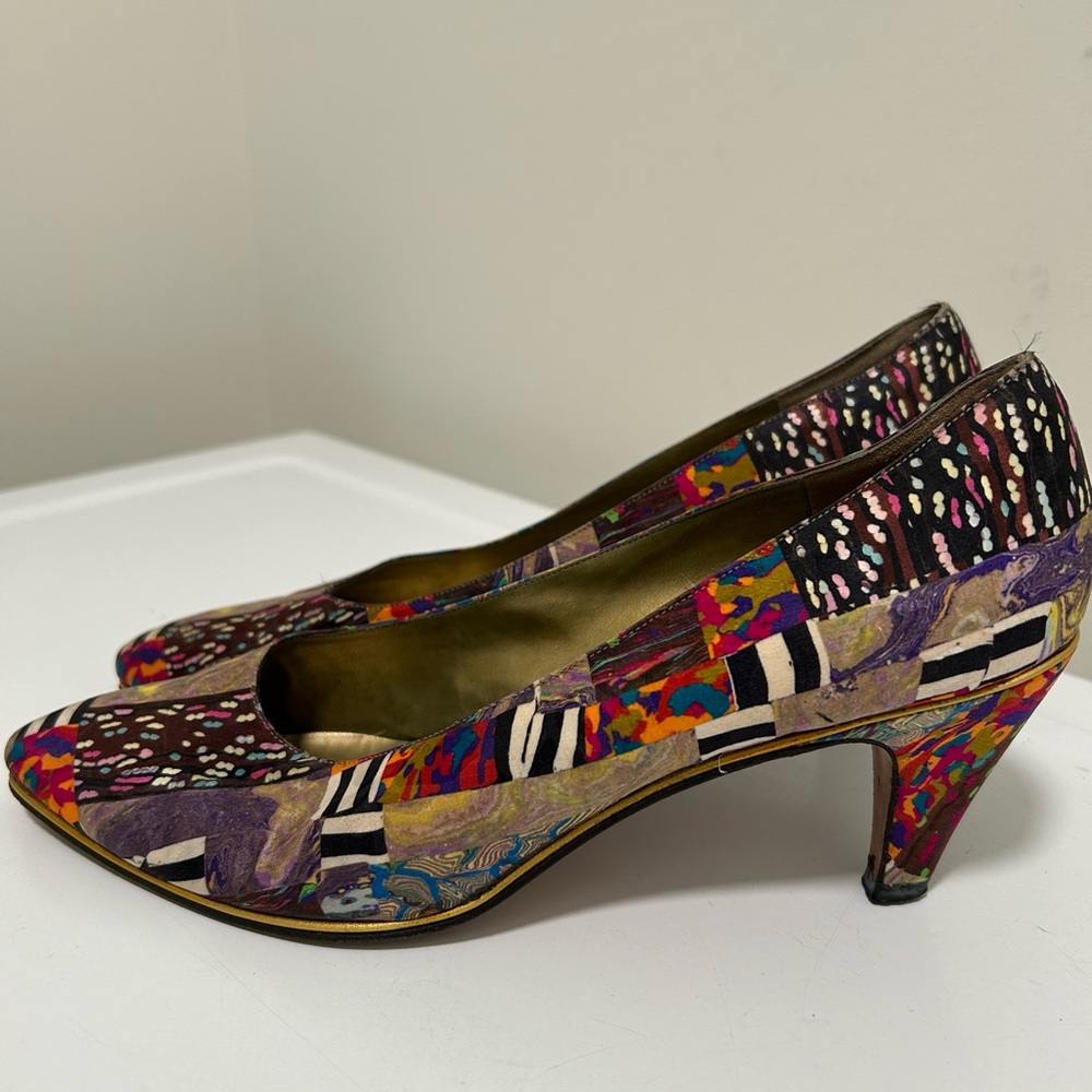 Sesto Meucci Artsy Silk Heels Brown Green Multi Size 8 N Narrow - Picture 7 of 13